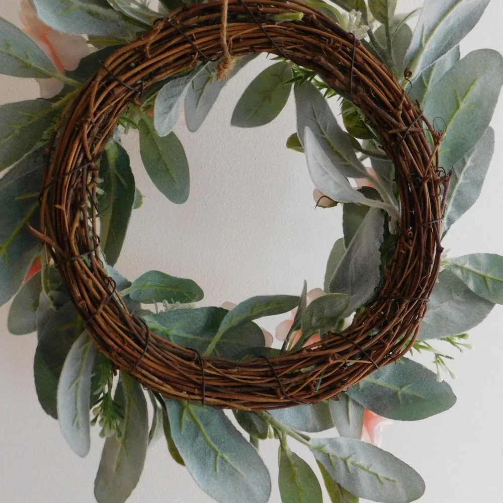 Artificial Lambs‎ Ear Wreath with pink Camilla 13 Inch Diameter Candle Ring